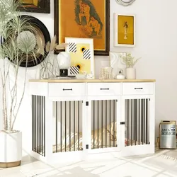55.3" Dog Crate Kennel Cage Furniture with 3 Drawers for Small, Medium and Large Dog, White