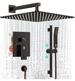 SR SUN RISE 12 Inch Oil Rubbed Bronze Shower Faucet Set, Wall-Mount Adjustable 16-Inch Slide Bar with Square Hand Shower System Included Valve and Tri