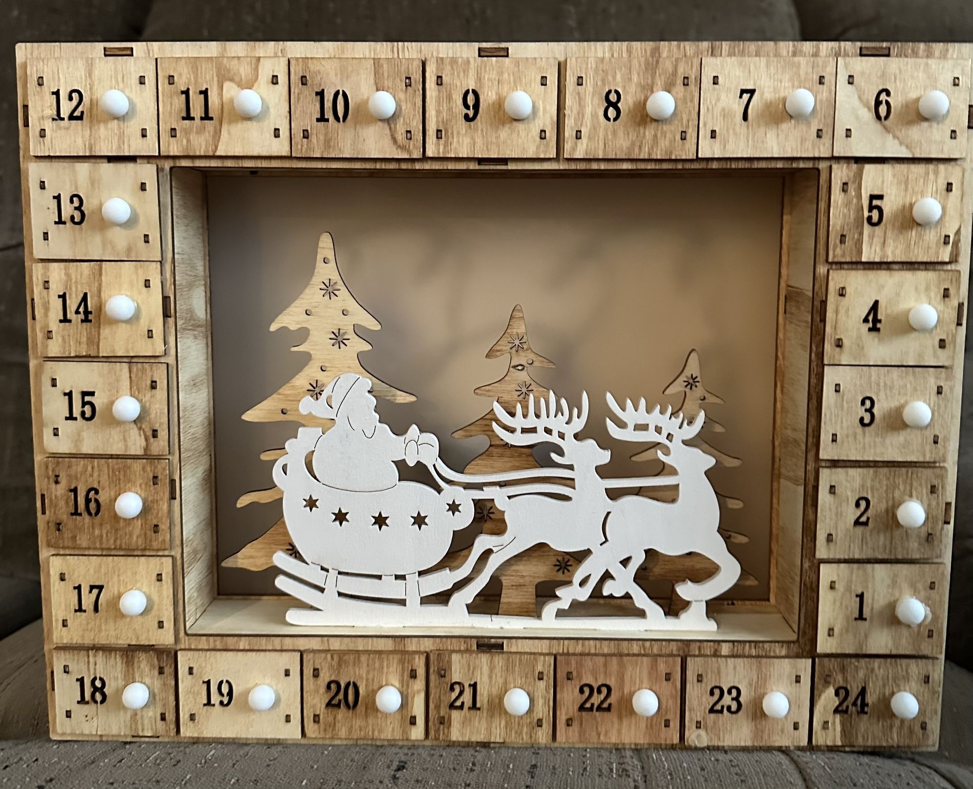Advent Calendar - Lighted, Wooden, with Drawers To Put Gifts/treats In - Hang Up Or Place On Surface - Pick Up Only
