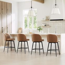 Set of 4 Counter Height Bar Stools, Swivel Upholstered Barstools 26" H Seat Height, Faux Leather in Saddle Brown