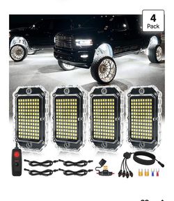 4 Pods 108LEDs Pure White LED Rock Lights Kit Plug-Play&Pre Wired 6500K 12V 108 Chips Aluminum Housing, w/Switch Wiring Harness Extension Wires Fuse, 