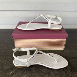 Bamboo Women’s White Rhinestone T-Strap Sandals – Size 7.5