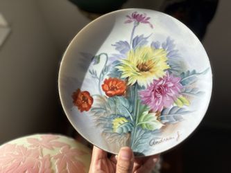 Vintage flowers plate/ J Andrea Hand Painted Gold Rimmed Plates /7.5” 