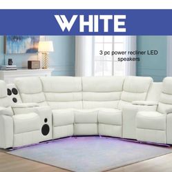 New LED White POWER Recliner Sectional USB Ports,Bluetooth Speakers Subwoofer Cup Holders
