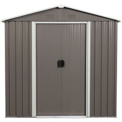 New in Box 6x5 ft Outdoor Storage Shed with Lockable Sliding Doors, Metal Garden Shed with Foundatio