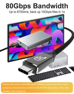 USB4 for Thunderbolt 5 Cable 2Ft [120Gbps Bandwidth Boost], USB4 80G 240W PD3.1 Charging, Supports 16K or Dual 8K Display, Compatible with M4 MacBook 