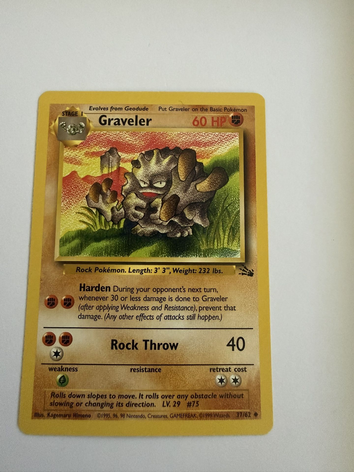 graveler pokemon card - (37) - Fossil Fighting Ability Exoskeleton Any damage done to Graveler by attacks is reduced by 10 (after applying Weakness and Resistance) Graveler Legend Maker - Uncommon