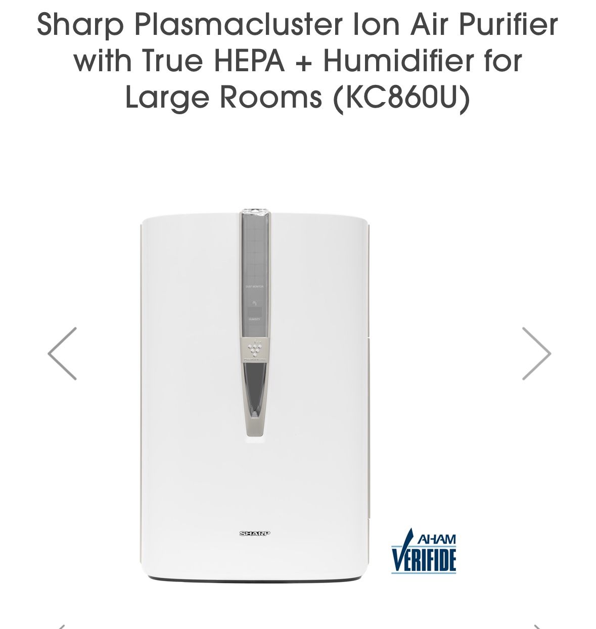 Sharp Plasmacluster Ion Air Purifier with True HEPA + Humidifier for Large Rooms (KC860U)