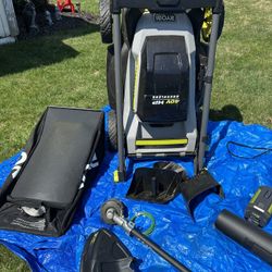 Ryobi Lawn Mower, Blower, Trimmer And Batteries