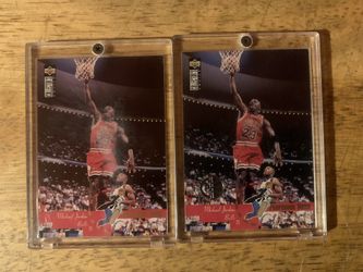Michael Jordan Chicago Bulls 1995 Upper Deck CC “Professor Dunk” Regular And RARE  Players Club Version In Screw Down Cases. You Get Both Cards.