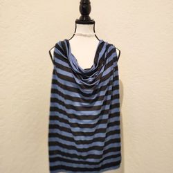 PERCEPTION Striped Black/Blue Flowy Sleeveless Cowl-Neck Blouse w/Racerback O Ring