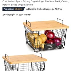 2 Set Stackable Wire Basket With Bamboo 