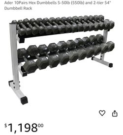 Hex Dumbbells 5-50lb (550lb) & Rack 10 Pair Gym