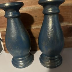 Blue/gold Wooden Pillar Candle Holders