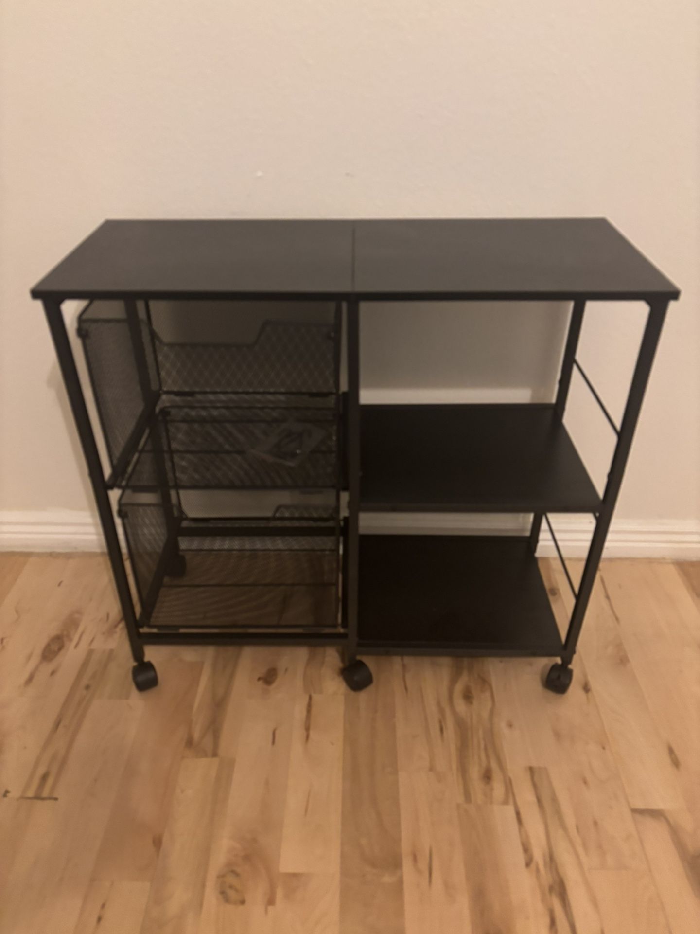 Black Metal Rolling Cart Filing Cabinet With 2 Drawers, 2 Wood Shelves, And Side Hooks 12” X 29”