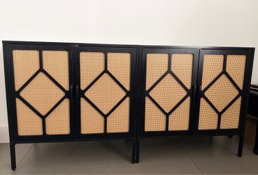 A pair of Modern Boho Black Rattan Cabinet / Accent Sideboard – Excellent Condition