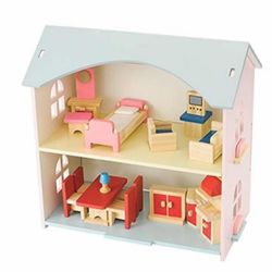 NextX Wooden Dollhouse Set With Furniture, Pretend Play Toys