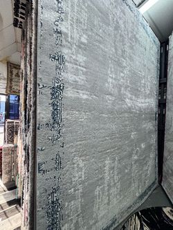 Large Silver Gray Area Rug with Dark Calligraphy Border