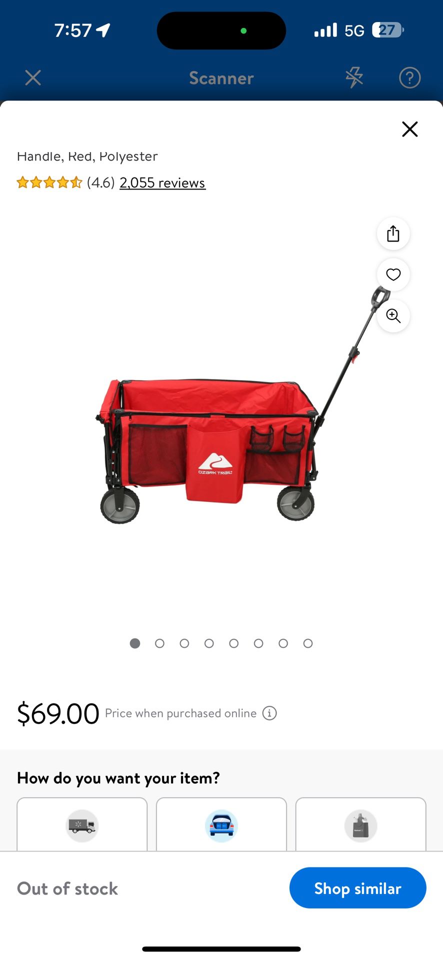 A New Ozark Trail Camping Utility Wagon with Tailgate & Extension Handle, Red, Polyester 