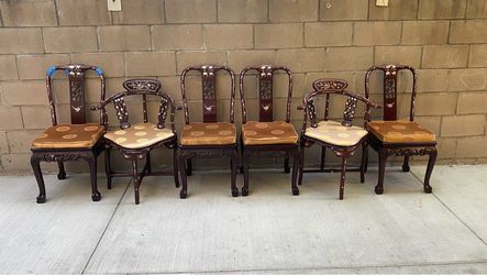 Set of 6 Chinese Mother of Pearl Inlaid Wood Chairs 2 Corner 4 Side AS-IS