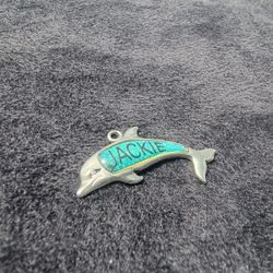 Vintage Dolphin Name Pendant "JACKIE" Blue Glitter Enamel Souvenir Charm