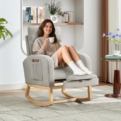 Rocking Chair Nursery Chair with Adjustable Footrest & High Backrest, Wood Frame, Side Pocket, Recliner, Light Gray for Living Room