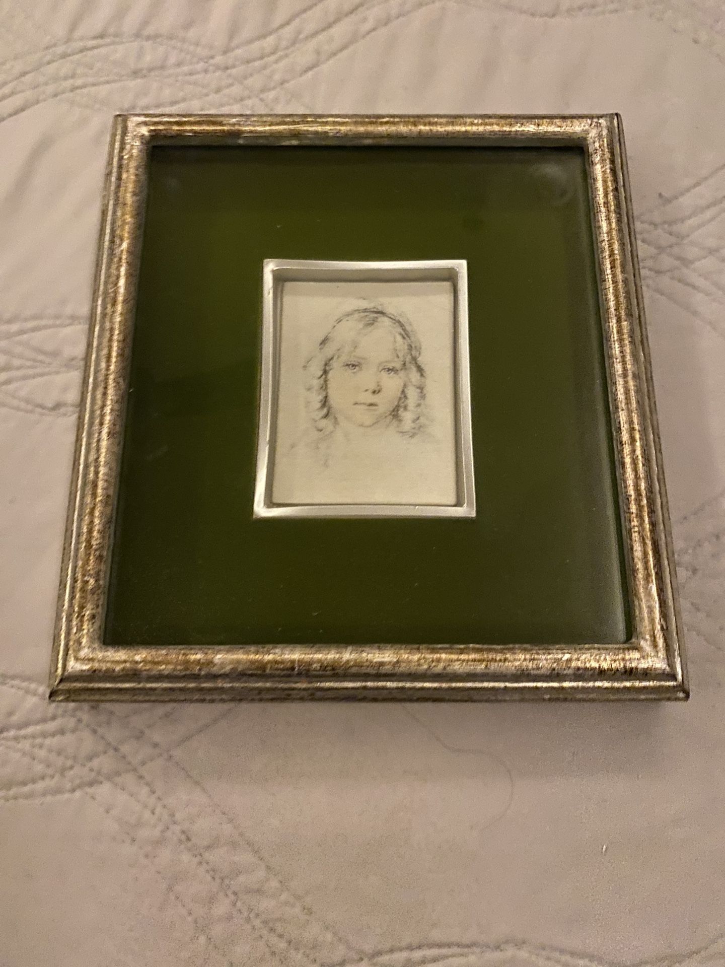 Framed Pencil Sketch of Young Girl on Silk
