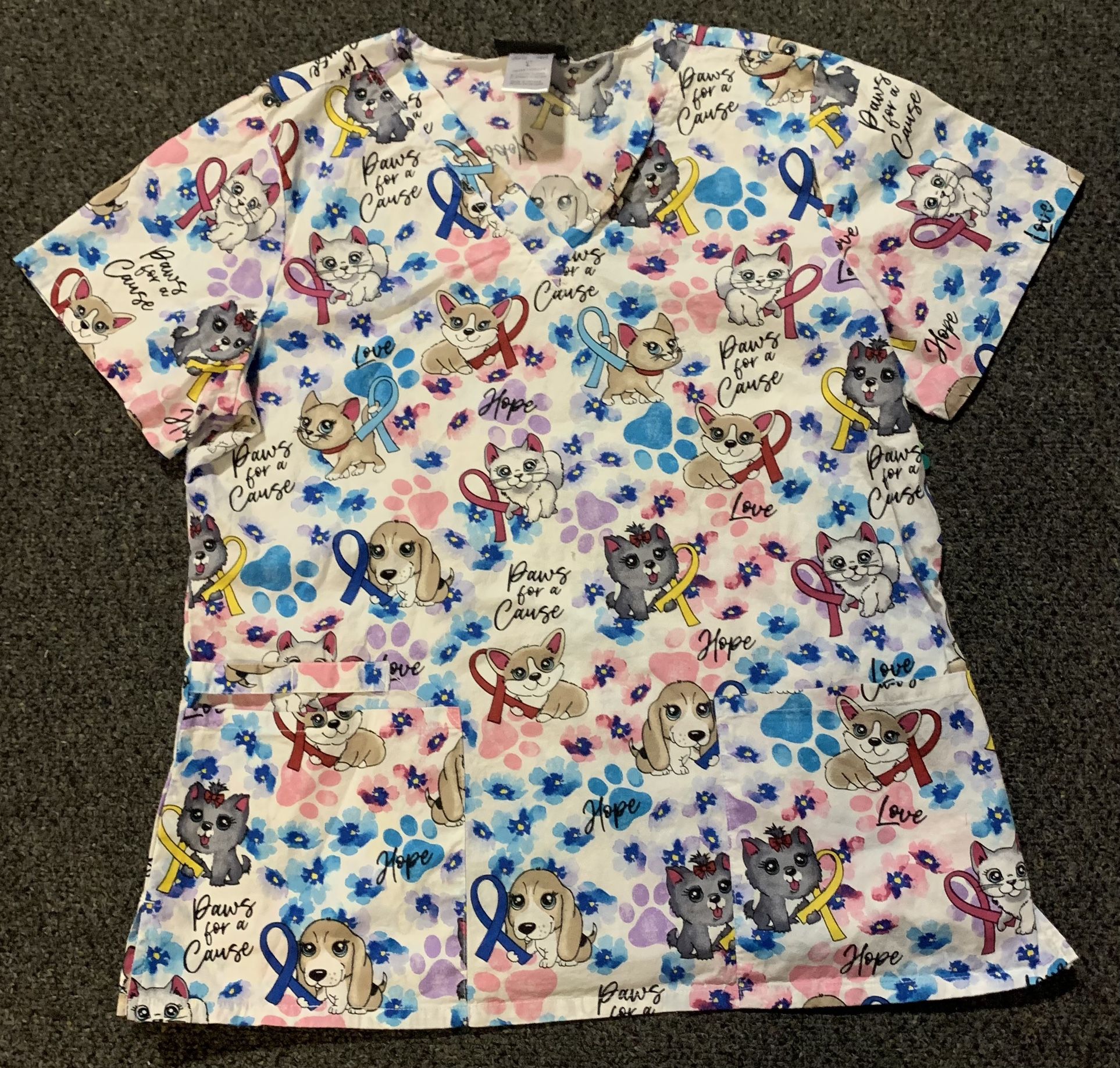 Cherokee Paws For A Cause women size large breast cancer awareness cats and dogs print cotton and spandex scrub top
