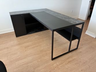 71 in. L Shaped Black Wood, Metal & Stone Executive Desk - Large Black Computer Desk
