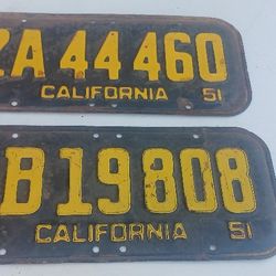 1951 California State License Plates Lot Of (2) Original Items 