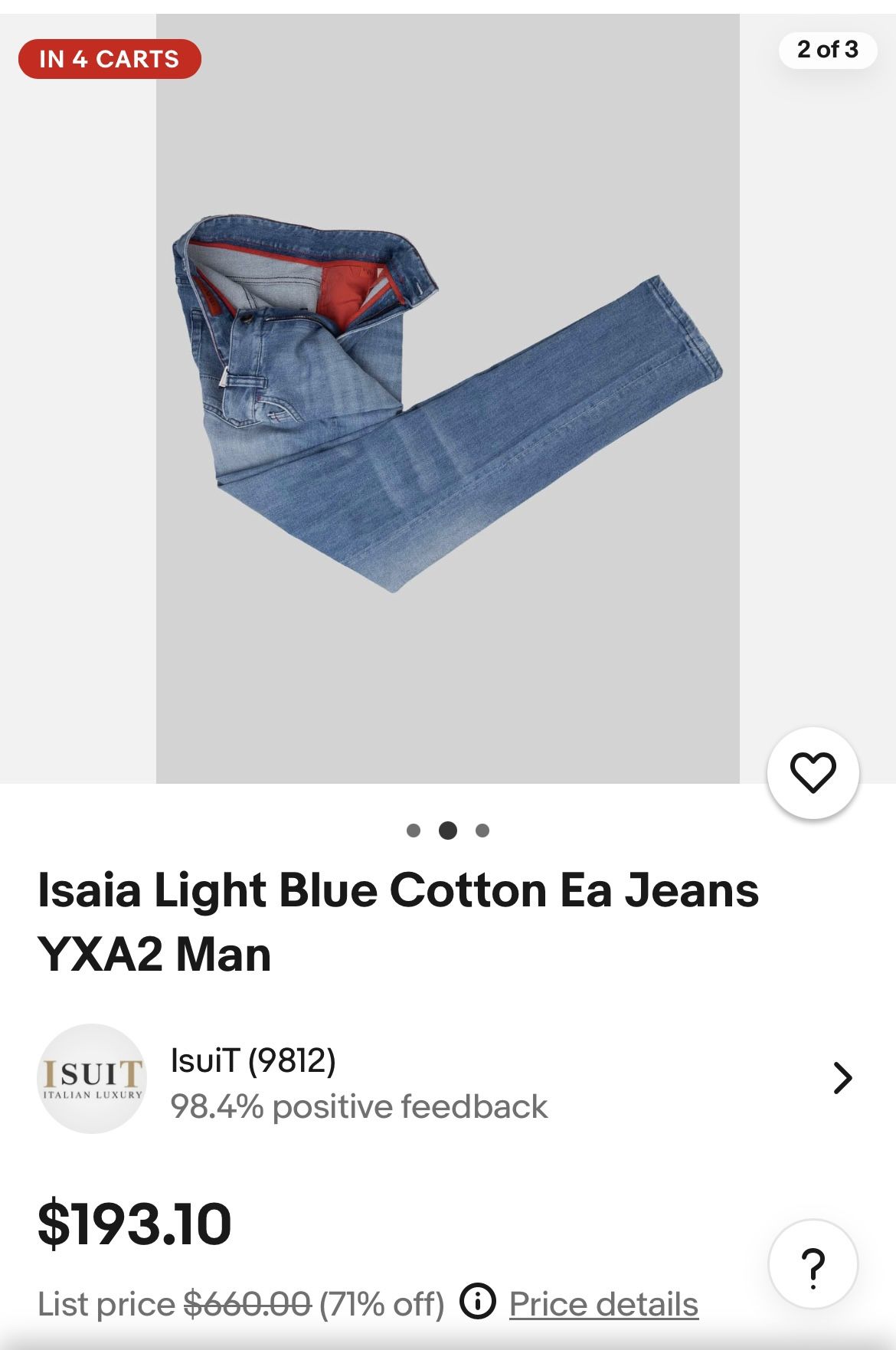 Isaia Pants Jeans Blue Lights Size 36x31 Men’s 