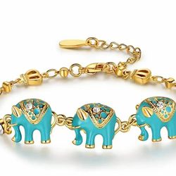 Green Elephant Bracelet with Rroyal Crown and CZ Stone, 18K Gold Plated