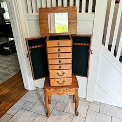 Wood Jewelry Armoire / Standing Jewelry Cabinet with Mirror & Brass Hardware