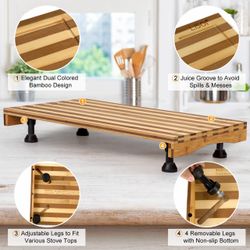 New Bamboo Stovetop Cover&Countertop Cutting Board with Adjustable Legs, 21.14 × 11.42 inches Dual-purpose Chopping Board for Electric Stove Burner, W