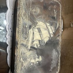 vintage Incolay stone jewelry box featuring a nautical sailing clipper ship design.  