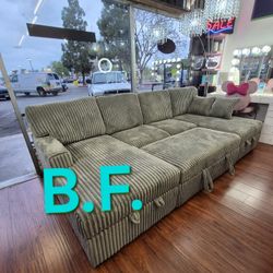 🔥  Sectional Sofa Bed, Gray Corduroy Fabric, New In The Box.