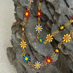 N256- Modern Colorful Flowers Gold Necklace