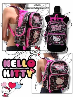 Hello Kitty Black & Hot Pink Backpack w/ Repeating Hello Kitty Faces & Bows (senior backpack)