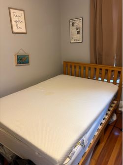 Full bed mattress, frame, and memory foam topper