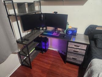 L-Shaped Gaming Desk with Shelves and Drawers
