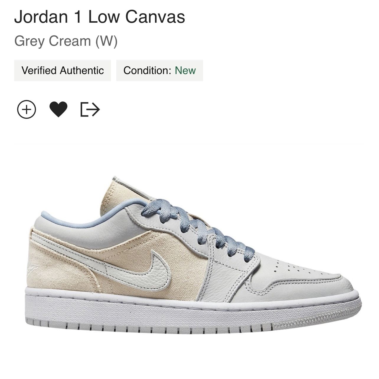Jordan 1 Low Canvas Grey Cream (W) Size 12 - (M) Size 10.5