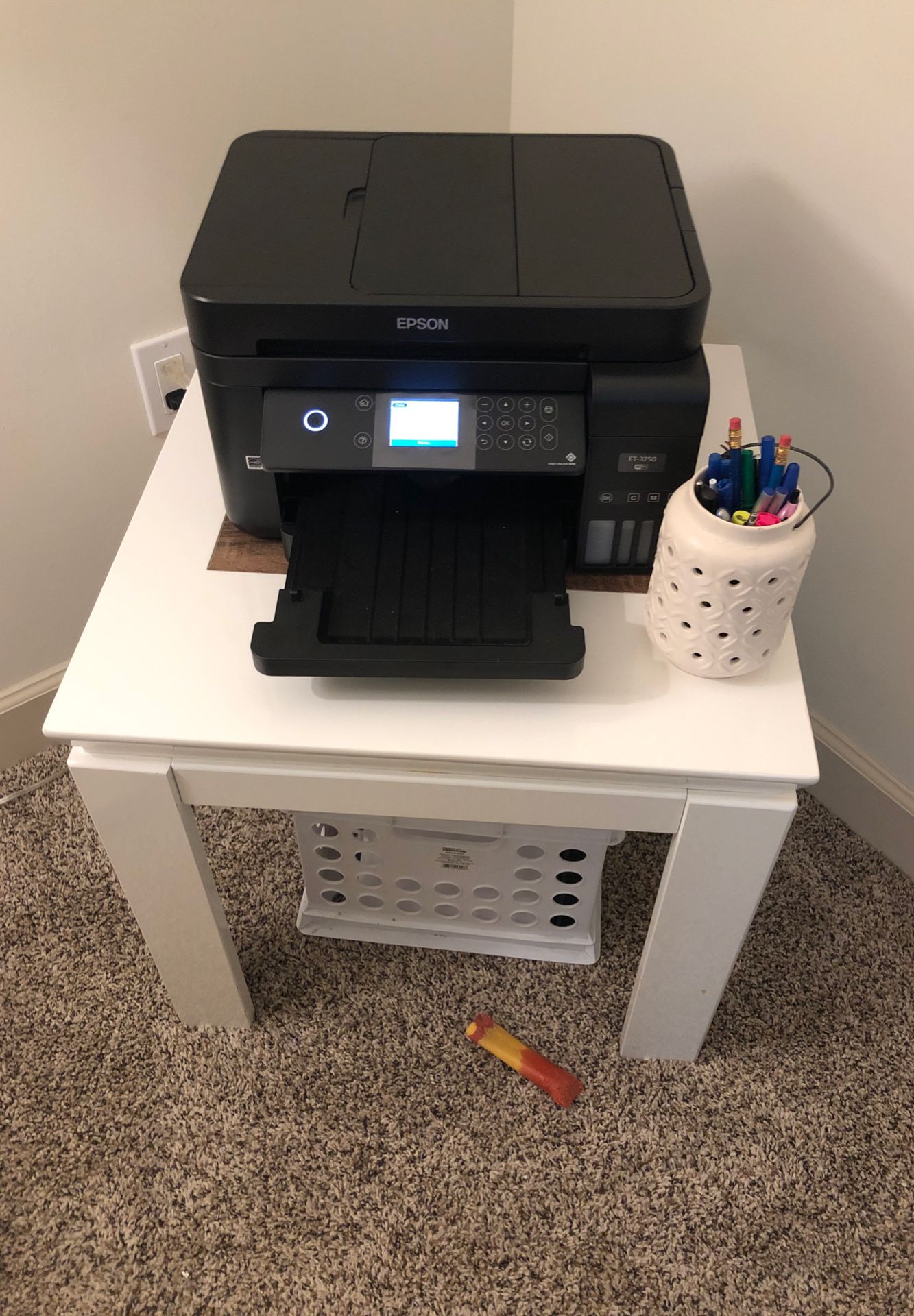 Side table, White and wood end table: printer desk