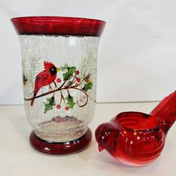 2 Yankee Candle Holders: Crackle Glass Red Cardinal 6.5"//Red Cardinal Votive 2"