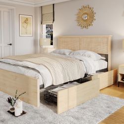 Rattan Queen Bed Frame with Wooden Headboard and 4 Storage Drawers, Boho Cane Bed Metal Platform Bed