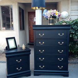 6 Drawer Upright Dresser With 3 Drawer Nightstand - Black With Gold 