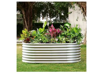 New 24“ Tall Galvanized Raised Garden Bed Kit, Galvanized Planter Garden Boxes Outdoor, Oval Large Metal Raised Garden Bed for Vegetables (Classic Sil