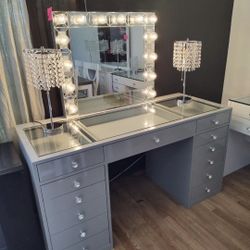Brand New Vanity Set  13 Drawers Top 3 Drawers Deeper Smooth Rails Silver Color Tempered Glass 56 x 23 1/2 x 31H Hollywood Mirror  LED Ligh Builbs 14 