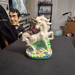 Vintage Unicorn Standing In A Flower Garden Ceramic Hand-painted In Acrylic Paints 9"H X 7"W X 5"D