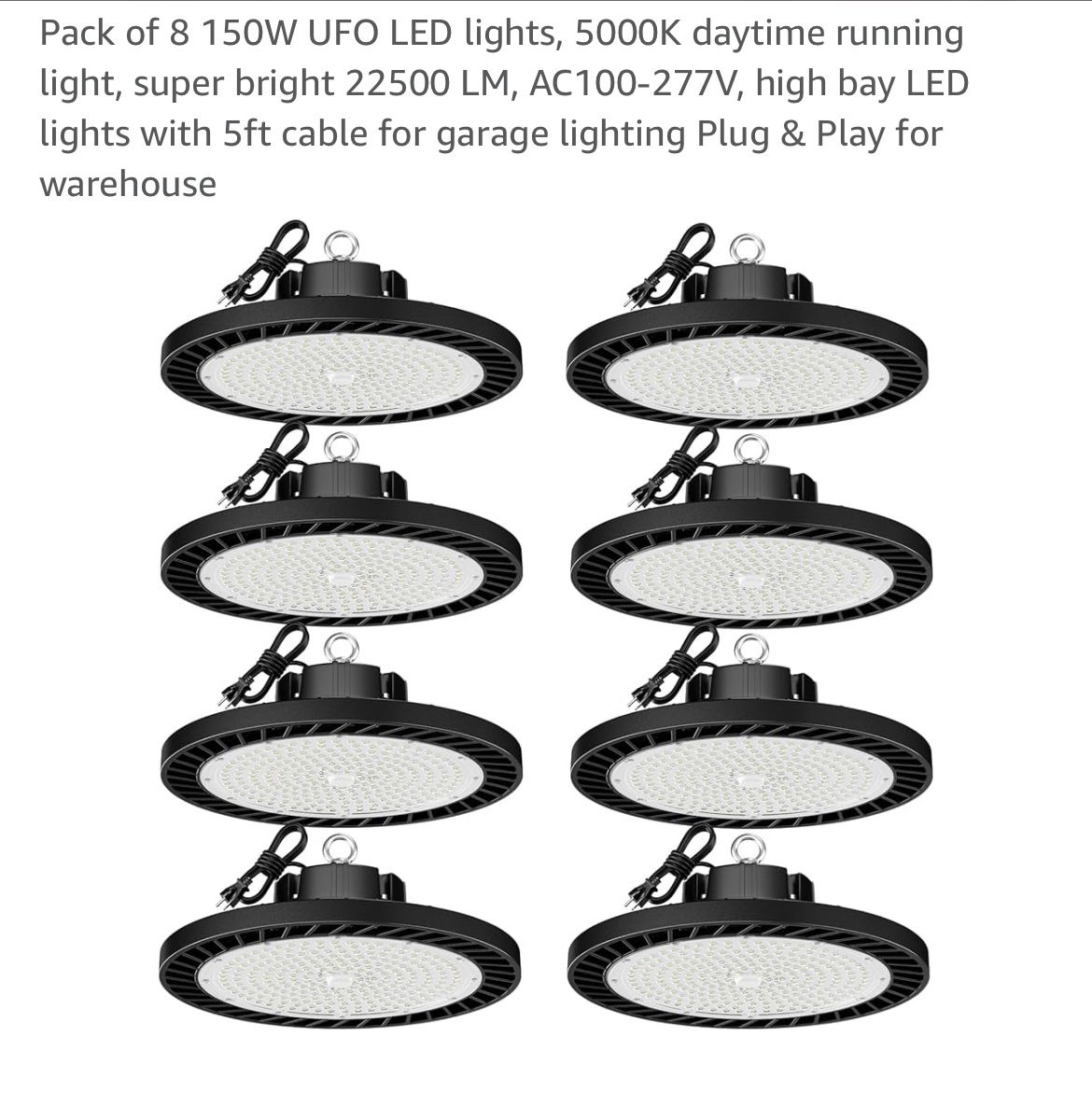 Pack of 8 150W UFO LED lights, 5000K daytime running light, super bright 22500 LM, AC100-277V, high bay LED lights with 5ft cable for garage lighting