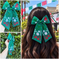Mexican Independence Day Green Tricolor Floral Hair Bow - Moño Verde Tricolor Mexicano
